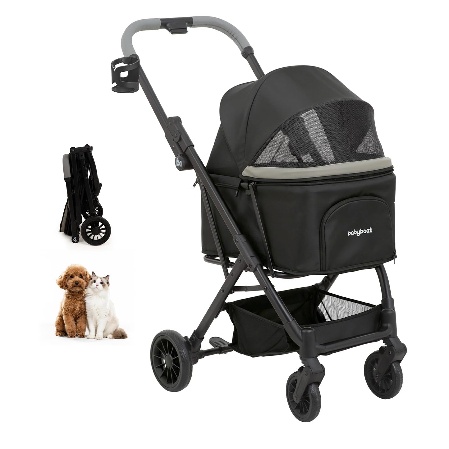 Foldable Dog Stroller for Small Dogs Cats Portable Compact Stroller for Pets Up to 35lbs One Click Folding Travel Pet Carriage with Convertible Canopy, Storage Basket - Black