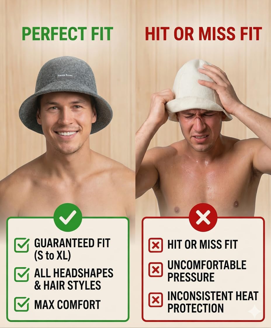 Adjustable Natural Wool Sauna Hat for Men and Women - Sauna Cap with Sweatband - Insulating Breathable Wool Banya Hat for Spa, Home Steam Room, Bathhouse - Comfortable Unisex Steam Room Hats