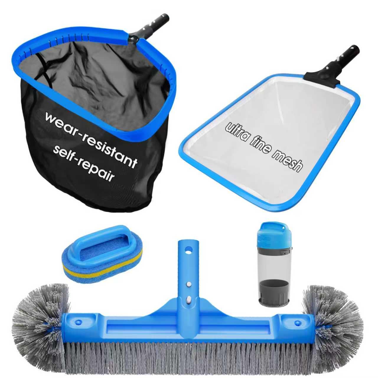 TidyMister All in One Pool Cleaning Kit - 18'' Repairable Pool Nylon Net & 18'' Detachable Round Brush & 11'' Fine Mesh Skimmer Net & Pool Chlorine Floater & Handy Scrubber for Water Line Cleaning