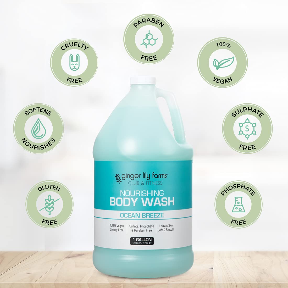 Ginger Lily Farms Club & Fitness Nourishing Body Wash, 100% Vegan & Cruelty-Free, Bath & Shower Gel for Men and Women, Ocean Breeze Scent, 1 Gallon (128 fl. oz.) Refill