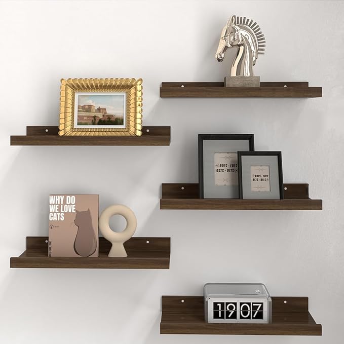 RICHER HOUSE 5 Set Floating Shelves for Wall Decor, Wall Mounted Book Shelf, Nursery Shelves Picture Ledge Shelf with Lip for Storage, Bedroom, Living Room, Bathroom - Walnut