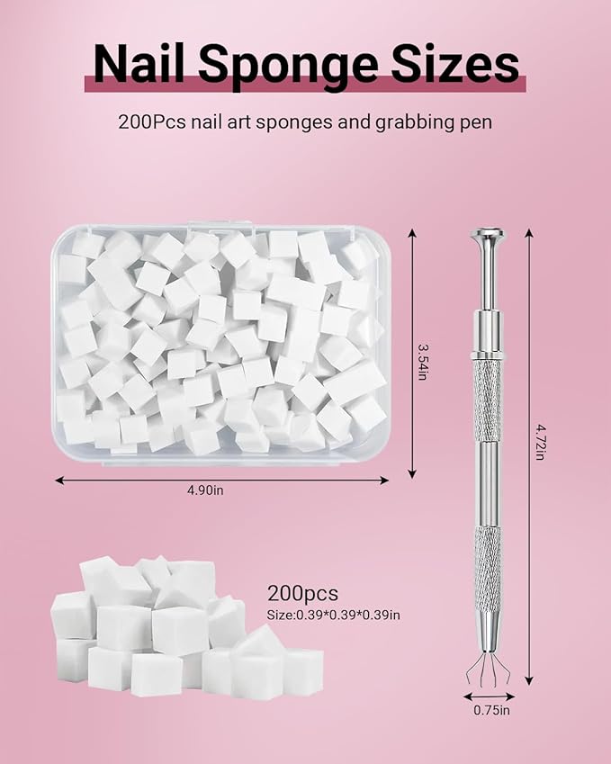 200Pcs Nail Sponges for Ombre, Soft Nail Art Sponges With Grabbing Pen , Manicure Nail Art Tools, Blooming Nails,Nail Tech Must Have Nail Accessories Supplies for Home and Salon