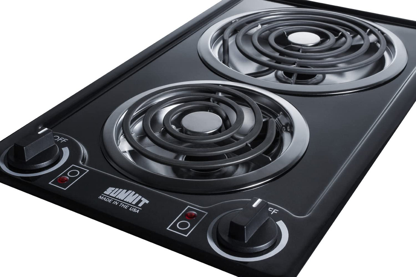 Summit 12" 2 Burner Electric Cooktop. 230V Radiant Cooktop, Coil Elements, Made in the USA, White- CCE225WH