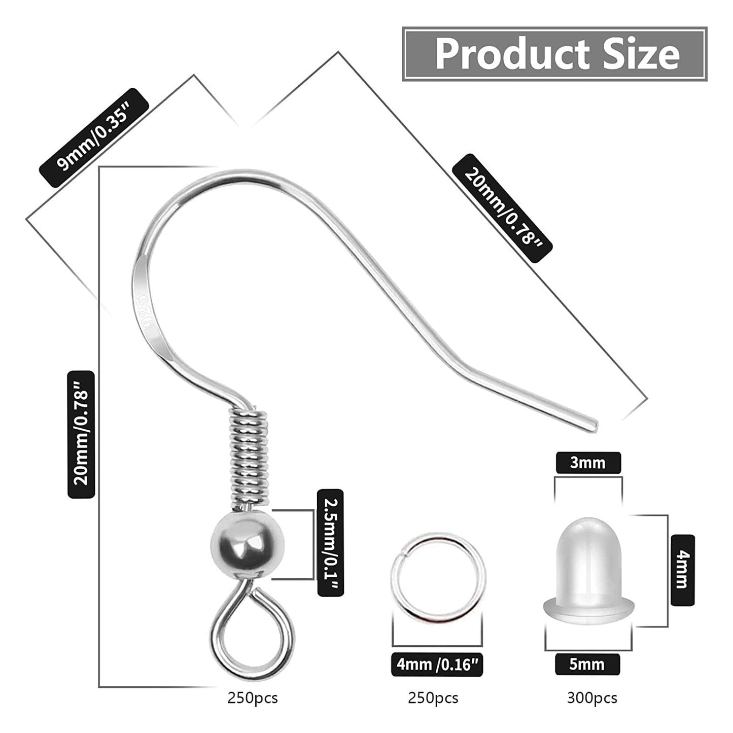 Hypoallergenic Earring Hooks 800 PCS/125 Pairs, Silver Plated Fish Hooks,500pcs Earring Making Kit with Jump Rings and Clear Silicone Earring Backs Stoppers for DIY Jewelry Making