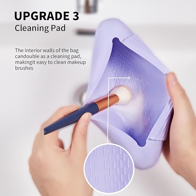2 IN 1 Silicone Makeup Brush Holder with Beauty Make Up Sponge Holder Case：Soft Portable Cosmetic Face Brushes Holder with Upgrade Anti-Fall Out Magnetic Closure - Purple