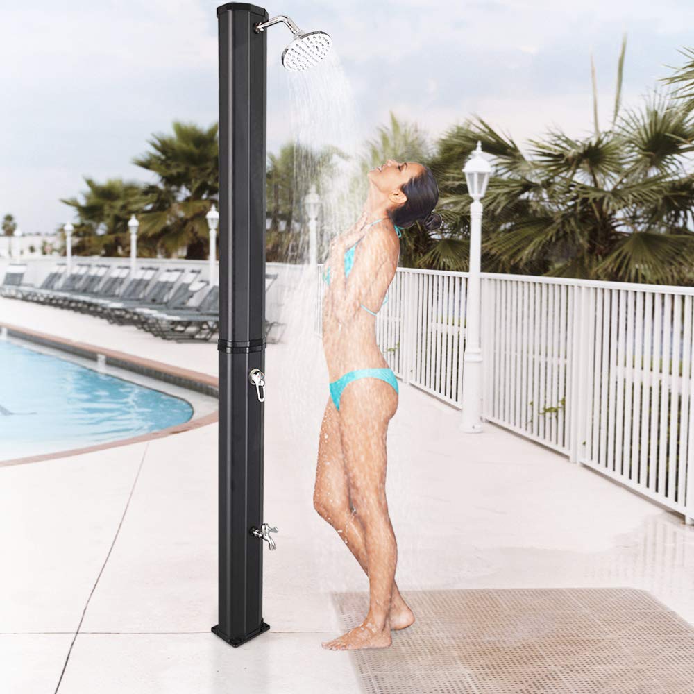 VINGLI 9.3 Gallon Solar Heated Outdoor Shower, 7.2 FT Height, Freestanding Outside Shower with 360° Swivel Shower Head & Foot Faucet, Hot & Cold Water Adjustment, Black