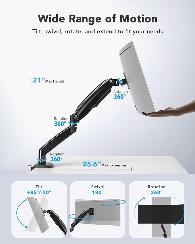 HUANUO Single Monitor Arm for 13-35 inch Screens,Ultrawide Computer Monitor Mount Holds 26.4lbs,Upgraded Adjustable Monitor Stand with USB,C-Clamp&Grommet Base,VESA 75x75/100x100mm(Black)