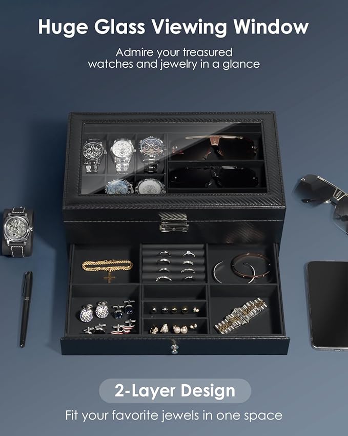 Watch Jewelry Box Organizer, 6-Slot 2-Layer Watch Case and Sunglasses Storage with Large Glass Lid, Men's Jewelry Box with Lock, Watch Holder Display Case, Gift for Men Women