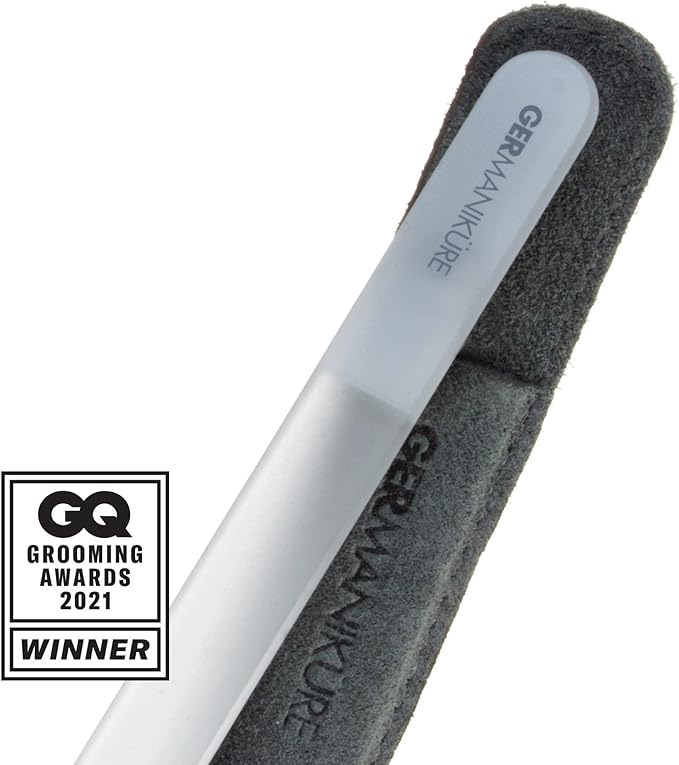 GERMANIKURE Gray Crystal Glass Nail File Set in Light Gray Suede Case – Handmade in Czech Republic – Professional Manicure & Pedicure Supplies – Glass Cuticle Stick, Pusher, Moon File