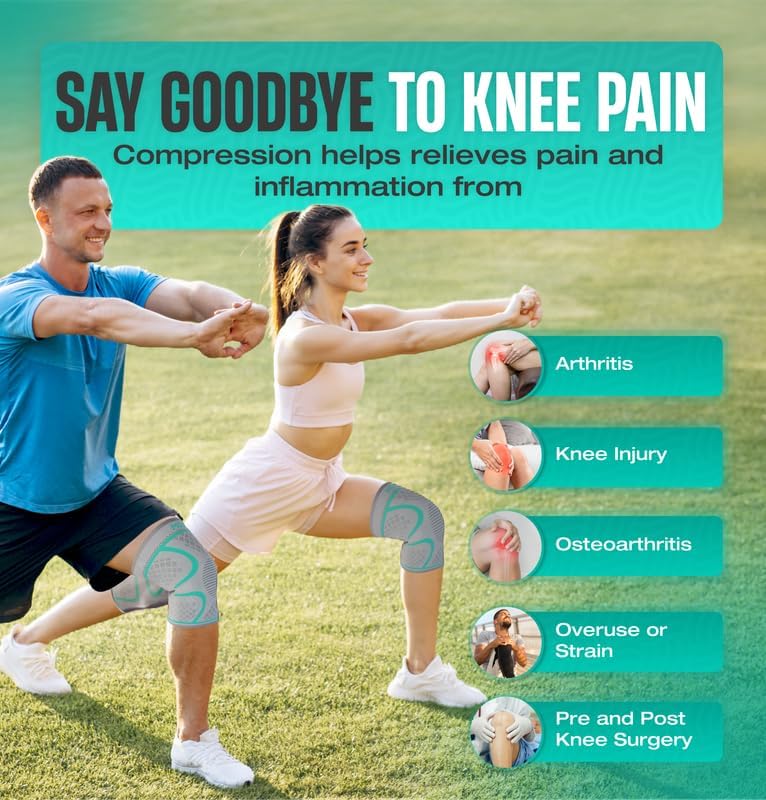 Modvel Compression Knee Brace for Women & Men - 2 Pack Knee Brace for Women Running Knee Pain, Knee Support Sleeve, Workout Sports Braces for Meniscus Tear ACL & Arthritis Pain Relief Grey/Turquoise XXX-Large