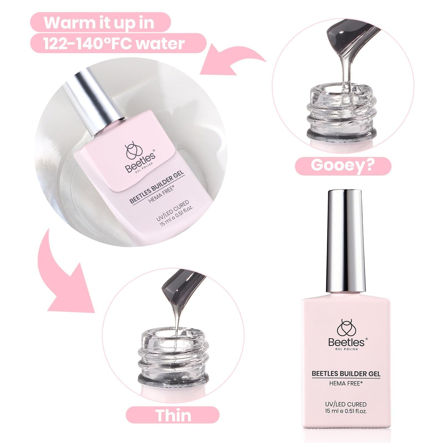 Beetles Builder Gel for Nails HEMA-Free with Base & Top Coat,Nail Protection Trio Set 3 Pcs Strengthening Nail Apex Building Extension for Beginner DIY Salon at Home,Clear Building Gel,UV & LED Cured