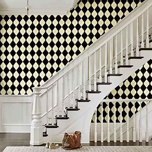Simon&Siff Retro Checkered Peel and Stick Wallpaper Black and White Wallpaper 17.3"x480" Vintage Plaid British Geometric Wall Paper for Bathroom Kitchen Cabinet Contact Paper