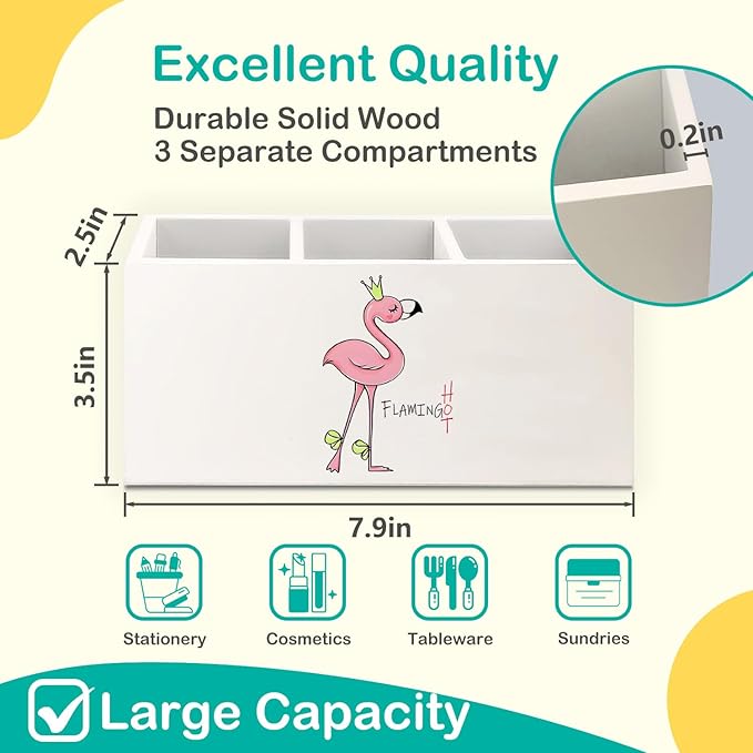 Funny Flamingo Wooden Pen Pencil Holder for Desk Accessories, Preppy Girly Desk Decor, Funny Pink Flamingo Wood Makeup Brush Toothbrush Holder Organizer for Vanity Bathroom