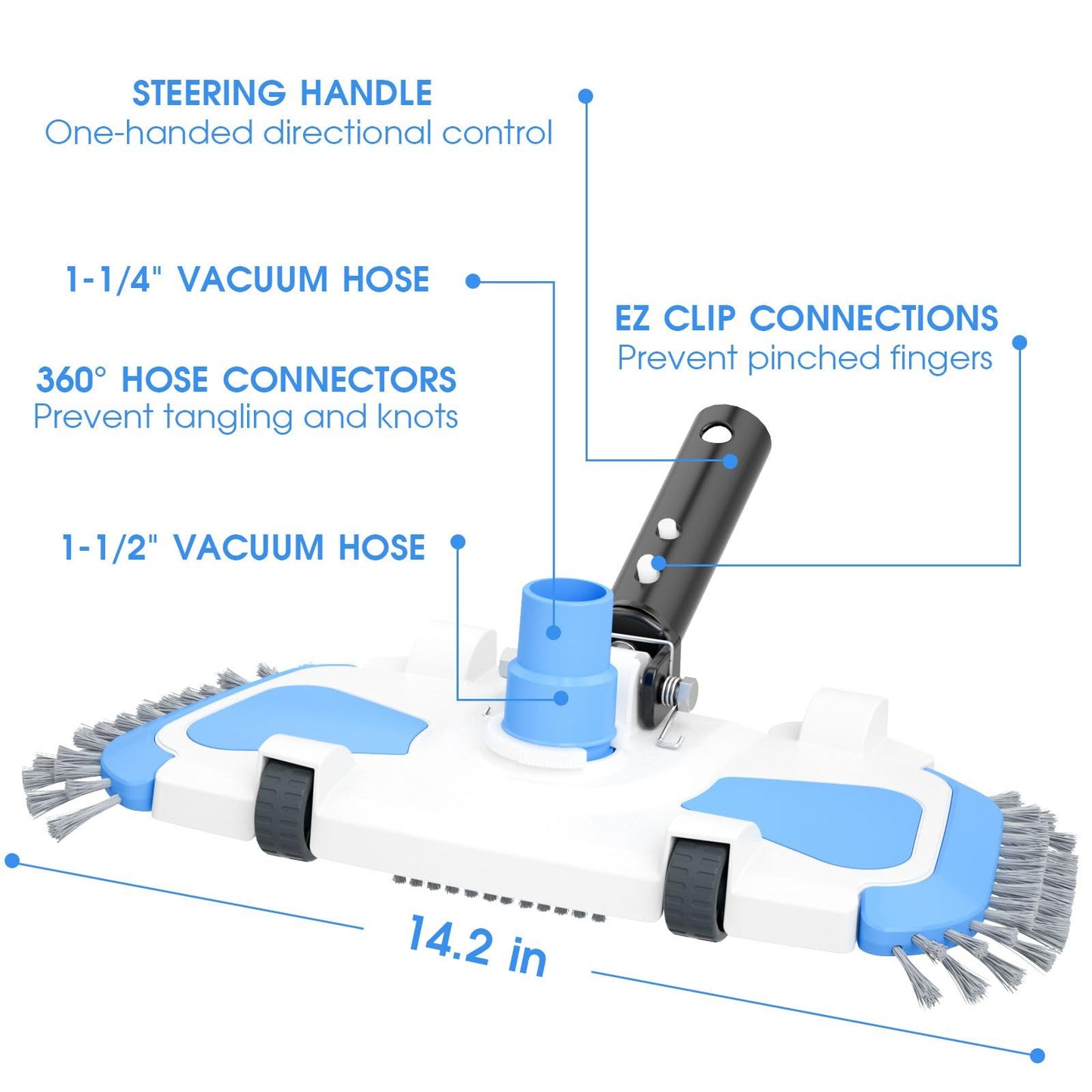 Enhanced Pool Vacuum Head with Direction-Control Swivel Handle, Stable-Maintain Spring, Vinyl Pool Vac with Wheels, Side Brush and Bottom Brush for Inground & Above Ground Pools