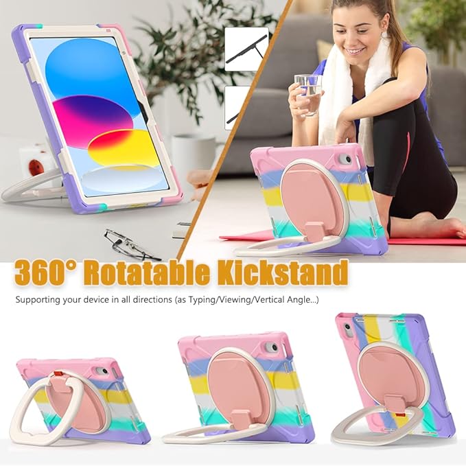 SCSVPN Kids Case for iPad (A16) 11th/10th Generation 11-inch/10.9 Inch 2025/2022, Full Body Shockproof Protective Cover with Pencil Holder, Rotating Stand & Handle, Shoulder Strap - Colorful Pink