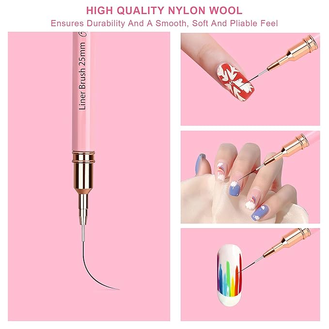5Pcs Nail Art Liner Brushes,Liner Brush For Nails Gel,Thin Liner Nail Brush Set,Nail Art Striping Brushes,Painting Art Design Pen For Long Lines, Thin Details, Fine Drawing Sizes 5/9/13/20/25mm