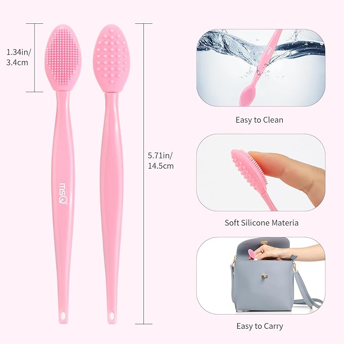 MSQ 3PCS Lip Scrub Brush, Double-end Silicone Nose Clean Brush Lip Exfoliating Brush for Man Women Double-Sided Soft Lip Brush for Smoth Lip Appearance,Pink