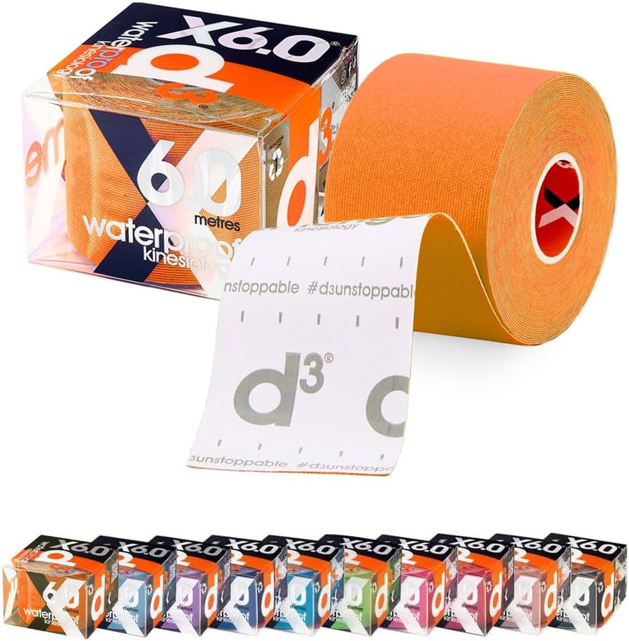 d3 X6.0 Waterproof Kinesiology Tape 2in x 20ft – Orange Athletic Tape for Joint Support, Pain Relief & Muscle Recovery | Sweatproof & Hypoallergenic for Knee, Shoulder & Back – Uncut Roll