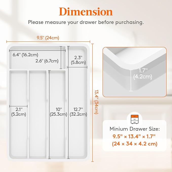 Lifewit Silverware Drawer Organizer Tray, Plastic Cutlery Storage for Kitchen, Flatware and Utensil Holder Divider for Spoons Forks Knives Tableware, 9.5 x 13.4", 5 Slots, White