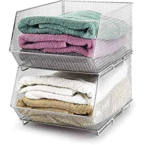 Mesh Stacking Bin Silver (Sold As 1 Bin) Storage Containers Great for Food, Crafts, Cleaning or Pantry Items 1613 (Large 15x11x8)