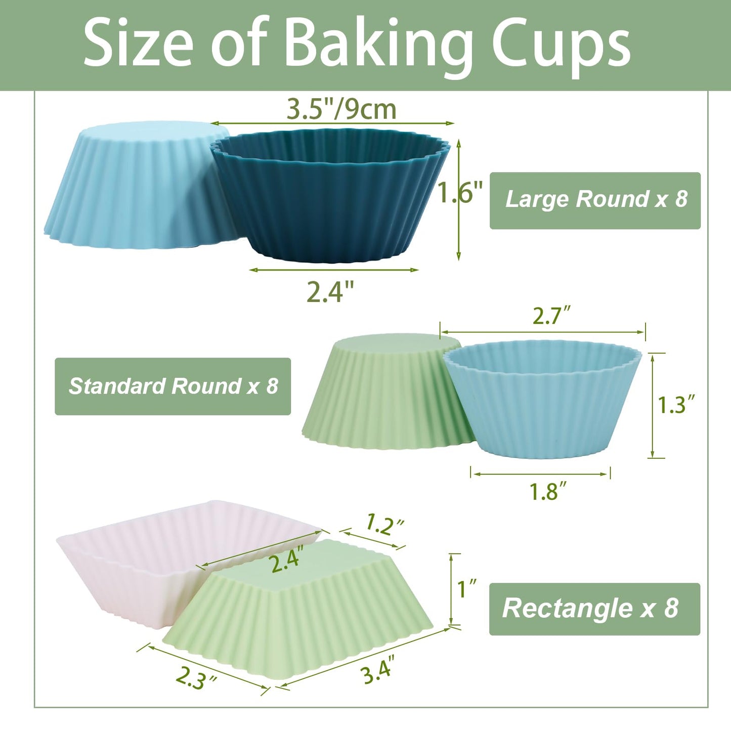 24Pack Silicone Muffin Cups, Reusable Cupcake Liners Molds for Baking, 3 Shapes Lunch Box Bento Dividers-Round, Square, and Rectangular (Neutral Colors, Large Size)
