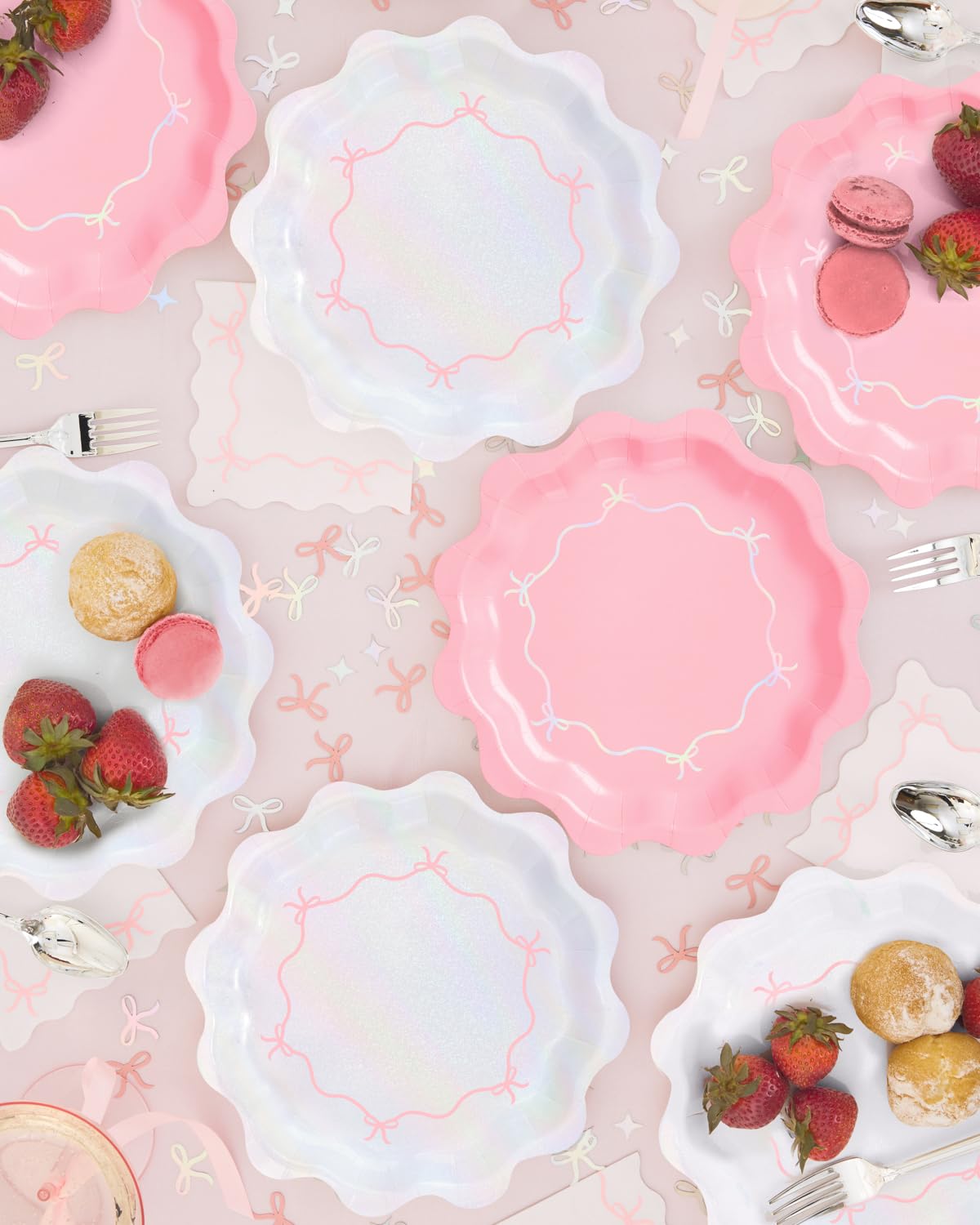 xo, Fetti Pink + Iridescent Wavy Bow Plates - 24 pcs | Bachelorette Decorations, Happy Birthday Party, Baby Shower, Cute Disposable Tableware, Bday Supplies, Bridal Shower