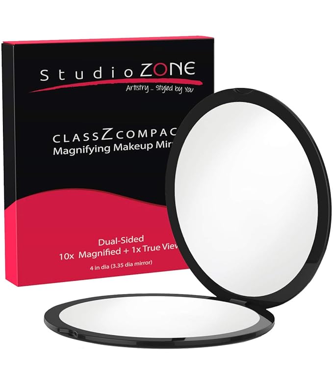 Compact Mirror - 10X Magnifying Mirror - Perfect for Purses - Small Travel Size - 2-Sided with 10X magnification and 1x w No Zoom - Black ClassZ Large Compact Mirrors for Women - 4 Inch Diameter