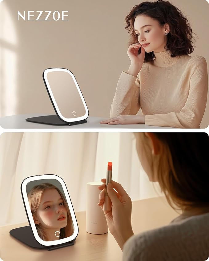 Rechargeable Travel Makeup Mirror with LED Light, 3 Lighting Modes, 7x5 Inch Foldable Vanity Mirror for Desk or On The Go, Black