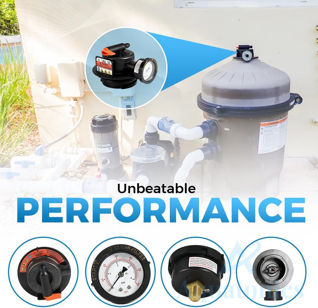 Aquatonics Replacement DEX2420MAR2 Manual Air Relief Valve Assembly with Pressure Gauge and O-Rings - Compatible with Hayward Pro Grid DE Filters, SwimClear Cartridge Filters - 1 Year Warranty