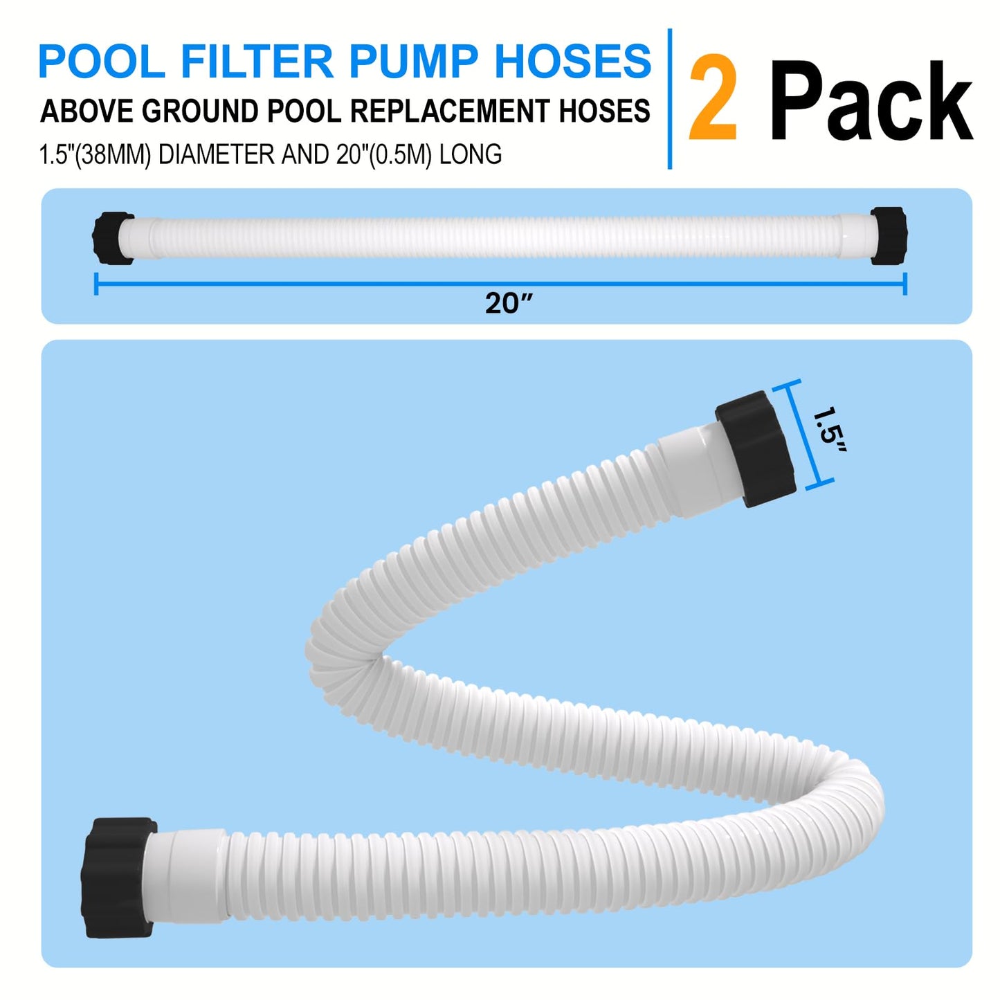 1.5" x 20" Pool Hose Replacement, Pack of 2 - Compatible with Above Ground Pools Filter Pump Hoses, Sand Filters, Saltwater Systems (1,500-2,500 GPH), White