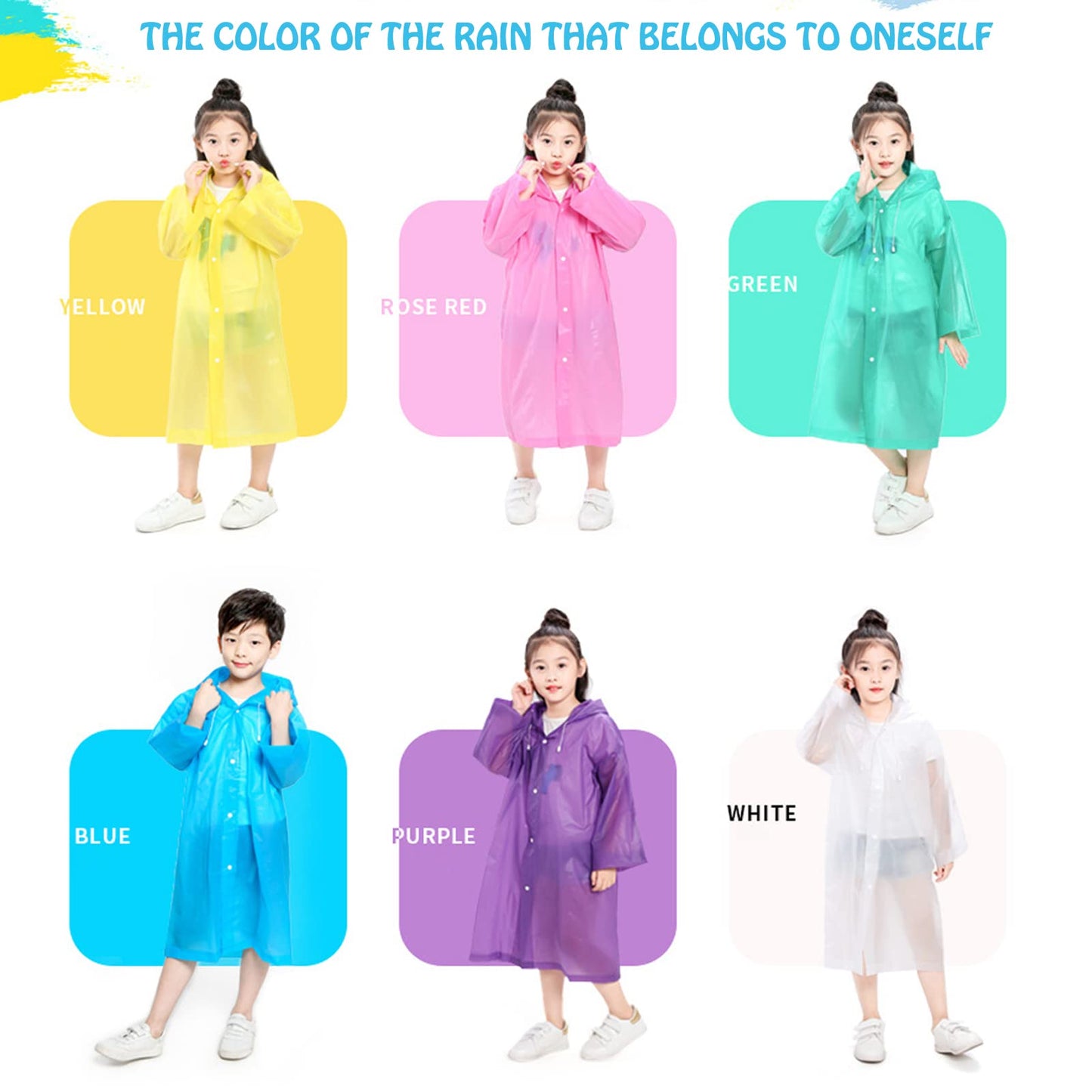 AIDEGER EVA Rain Ponchos for Kids, 2 Pack Reusable Raincoats with Hoods and Sleeves Lightweight Rain Jacket (White-2Pack)