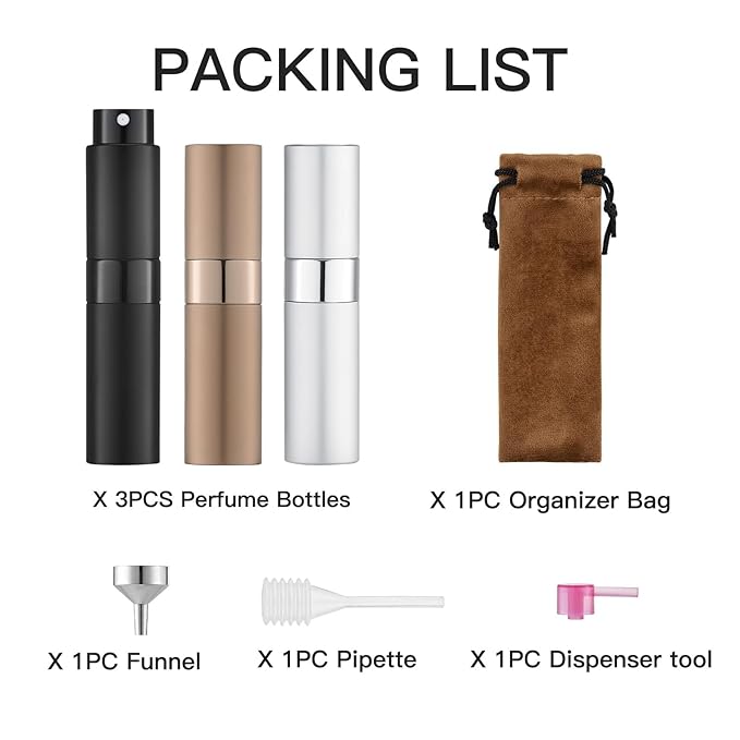 LISAPACK 8ML Atomizer Perfume Spray Bottle for Travel (3 PCS) Empty Cologne Dispenser, Portable Sprayer (Black, Silver, Brown)