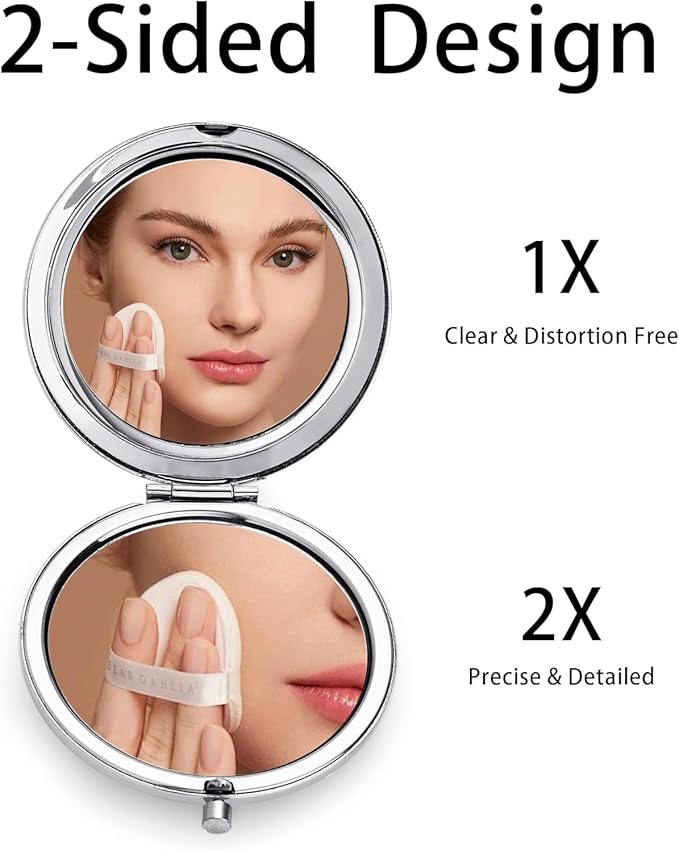 Compact Mirror for Purse, Metal Round Shell, Double-Sided 1X/2X Magnifying, Portable Travel Makeup Mirror, Mini Pocket Mirror, Sliver, 4 Packs