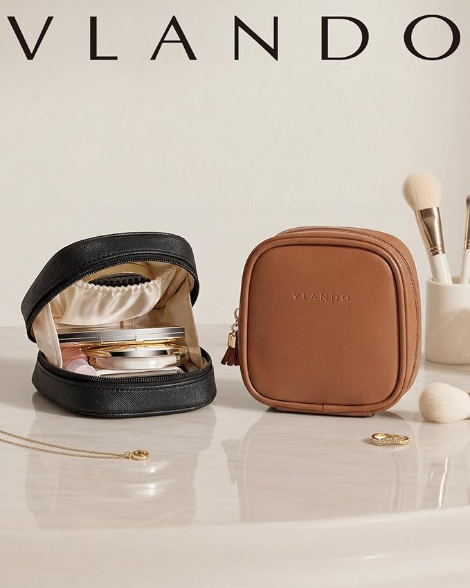 VLANDO Mini Makeup Bag, Small Makeup Bag for Purse with Slip-in Pockets, Portable Travel Toiletry Bag with Zipper, Waterproof Travel Essentials for Women-Black