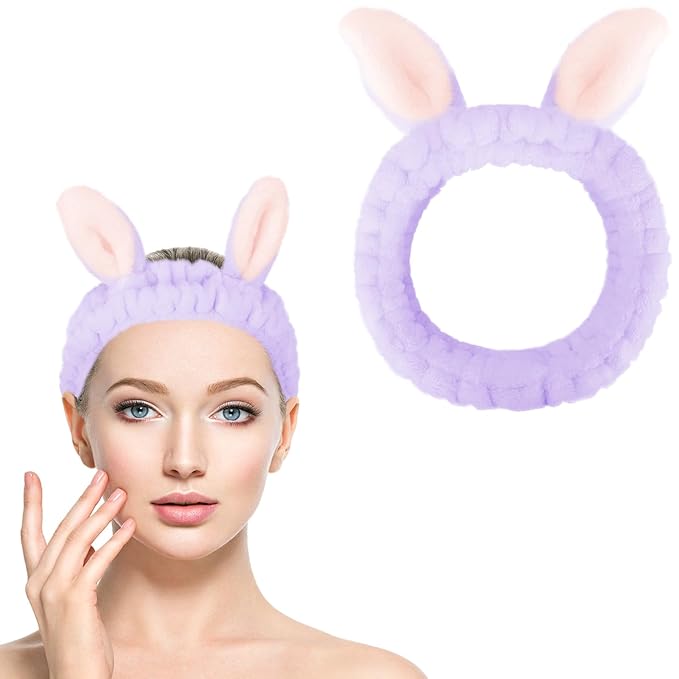 Jowmoy Cute Rabbit Ears Headband Frog Eye Elastic to Wash Face for Women Makeup Shower Spa.
