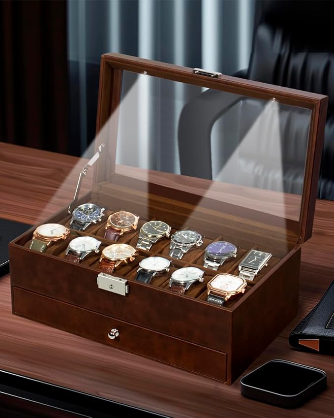 GUKA Watch Box 12 Slot Watch Display Organizer Leather Jewelry Case Drawer Glass Birthday for Men Women, Child Husband Dad GK-012-BROWN-LED-24