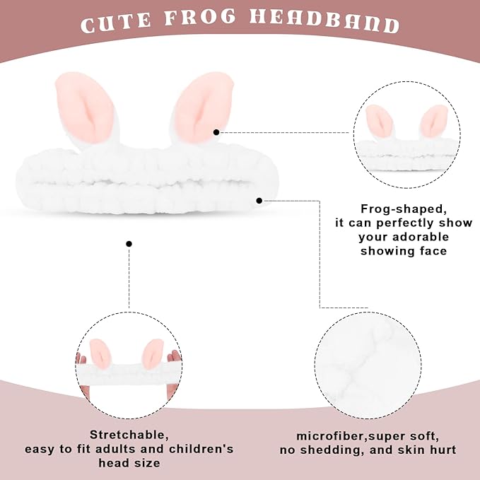 Cute White Rabbit Ears Headband Frog Eye Elastic to Wash Face for Women Makeup Shower Spa (1 Pack)