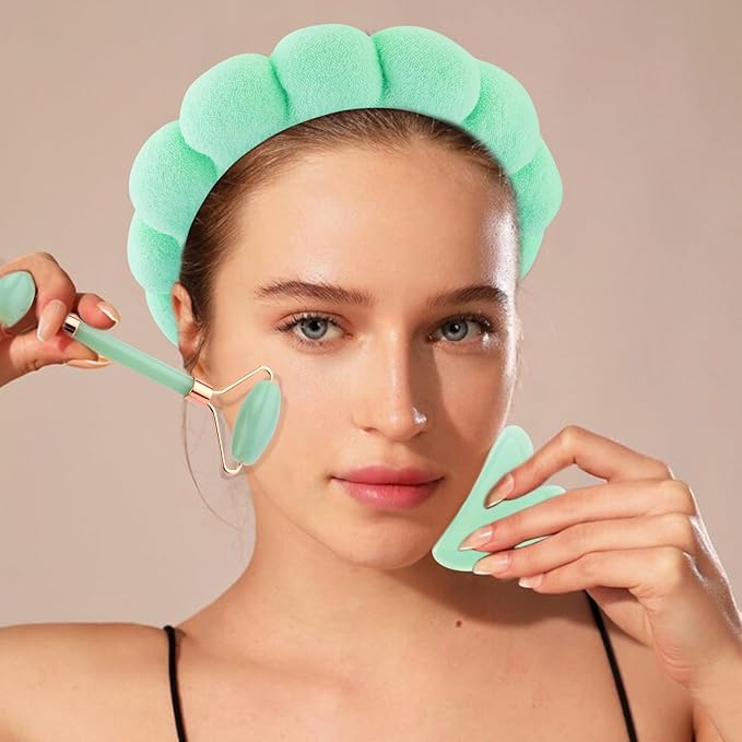 Chanaco Spa Headband and Wristbands for Women Gua Sha & Jade Roller Facial Tools Skincare Headband for Washing Face Makeup Fash Wash Hairband Teen Girl Trendy Stuff
