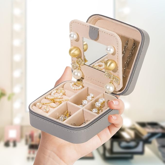 KElofoN Travel jewelry case Travel jewelry box Travel Jewelry Organizer Small Jewelry Organizer Box Gift for Girls Women with Mirror(Grey)