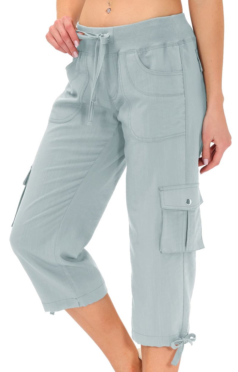MoFiz Womens Capris with Pockets Loose Fit Casual Capri Pants Dressy Lightweight Ladies Baggy Cargo Pants for Hiking Light Gray L