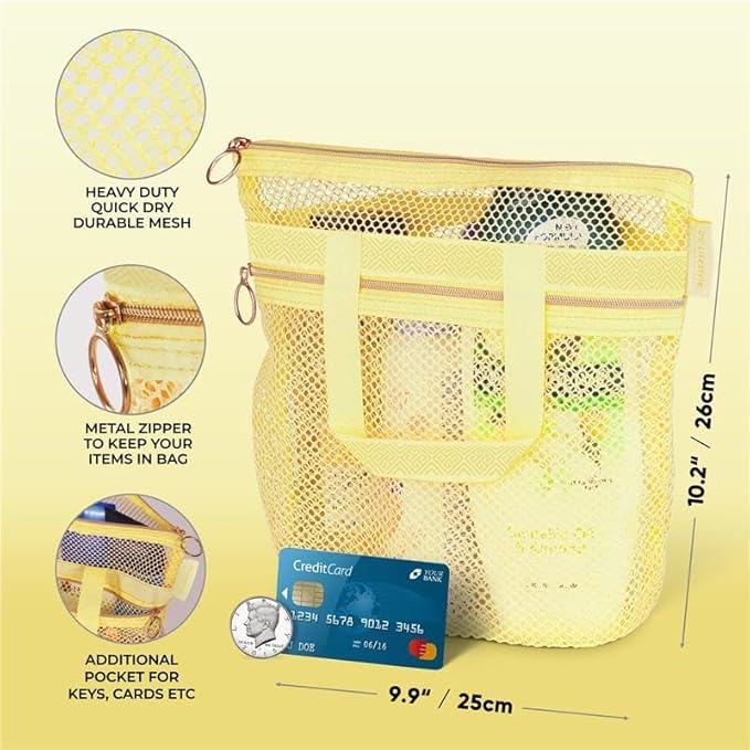 DV Lifestyle Mesh Shower Bag 10.2x9.9'' Quick-Dry Caddy with Zipper & 2 Pockets. Portable Toiletry Tote for Bathroom, Gym, Travel, Camp, Beach, for Sunscreen, Dorm & College Essentials (Yellow)