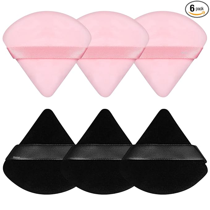 Pimoys 6 Pieces Powder Puff, Face Makeup Sponge Soft Velour Triangle Powder Puffs Beauty Sponge for Loose Powder (Black, Pink)