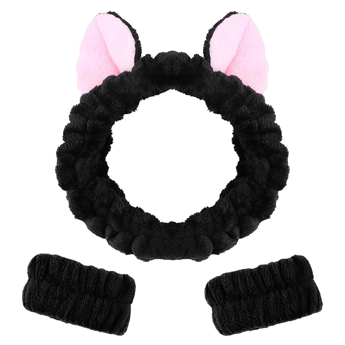 CAVETEE 3 Piece Cute Headband Set - Elastic Cosmetic Headband, Wristband for Women, Girls Skincare, Shower