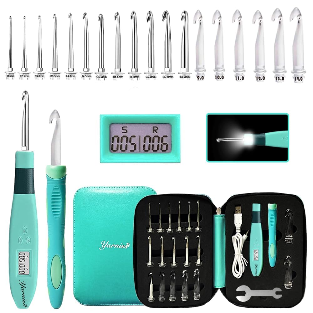 Yarniss 18 Size Counting Crochet Hooks with Light, Digital Counter Crochet Hooks Set with Case (2.0mm~14.0mm)