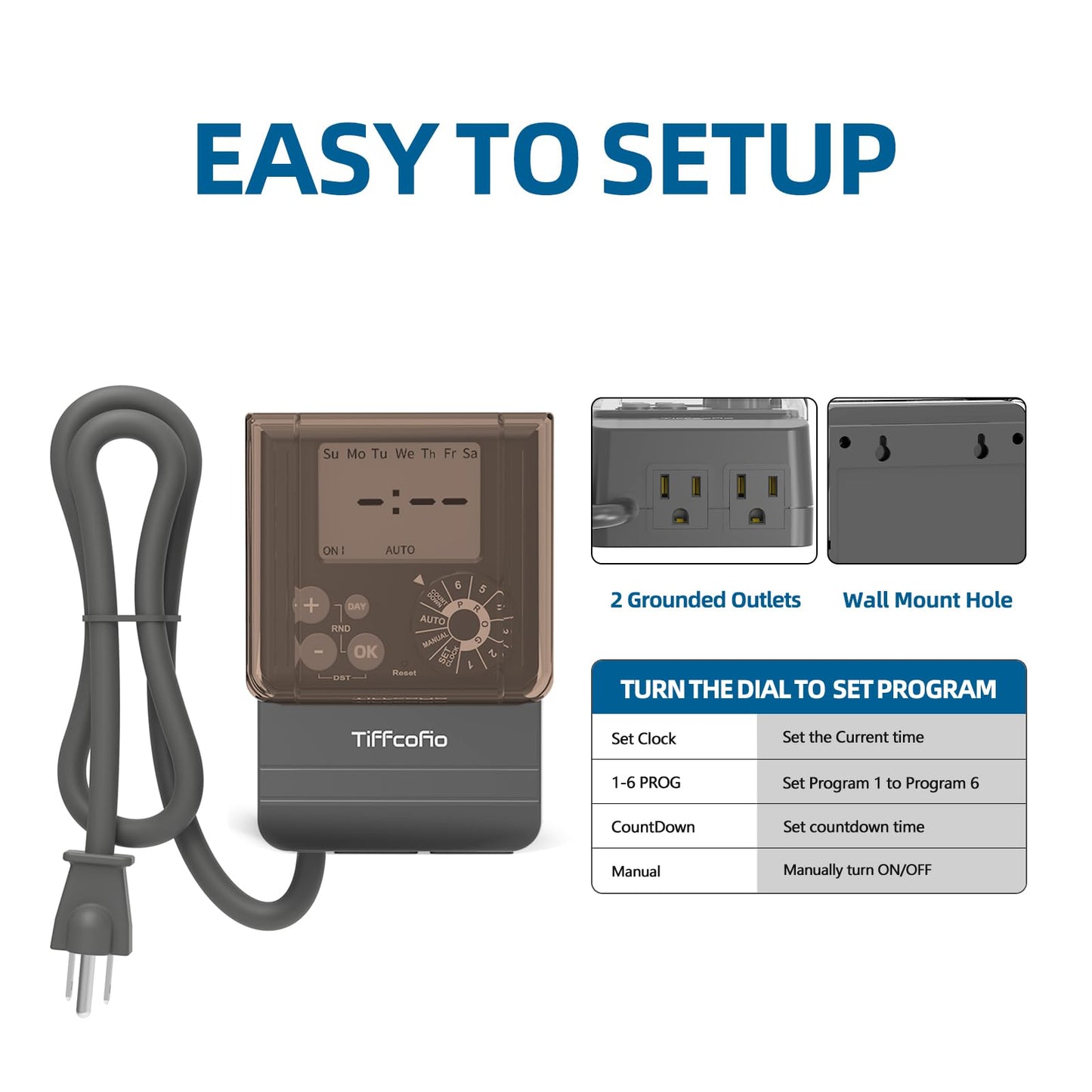 TiFFCOFiO Outdoor Digital Pool Timer, Dial Programmable Method, Outdoor Timer with 2FT Extension Cord Waterproof, 2 Grounded Electrical Outlets for Lights, 6 Sets of Programs,1HP (20A)
