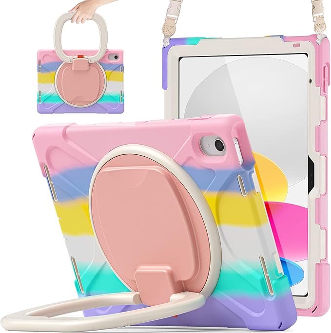 SCSVPN Kids Case for iPad (A16) 11th/10th Generation 11-inch/10.9 Inch 2025/2022, Full Body Shockproof Protective Cover with Pencil Holder, Rotating Stand & Handle, Shoulder Strap - Colorful Pink