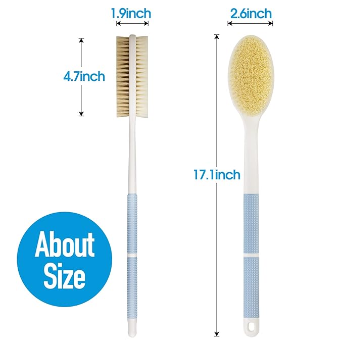Backski Back Scrubber Anti Slip for Shower, Shower Brush Long Handle with Stiff and Soft Bristles, Body Exfoliator for Bath or Dry Brush(Blue)