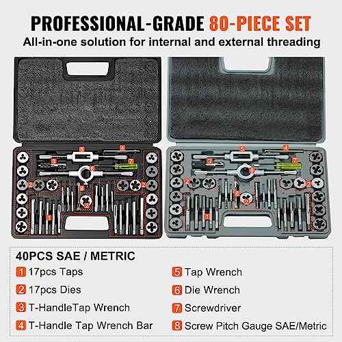 VEVOR Tap and Die Set, 80-Piece Metric and SAE Standard, Bearing Steel Taps and Dies, Essential Threading Tool for Cutting External Internal Threads, with Complete Accessories and Storage Case