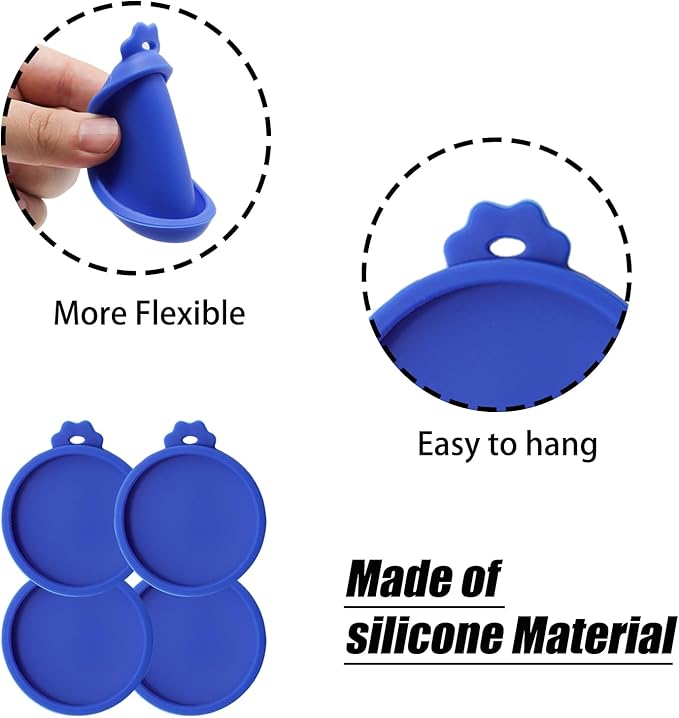 PINE & LINEN 4 Pcs 2.5inch Durable Pet Can Lids, Silicone Small Pet Can Covers Waterproof Cat Food Cans Lids for 3 oz Cat Food Cans（Blue）