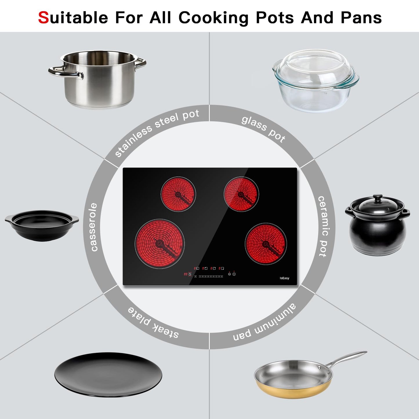 IsEasy 30 Inch Ceramic Electric Cooktop 4 Burner Built-In Electric Stove Top with Touch Sensor Control, 9 Power Levels, Timer, Child Safety Lock, 220-240V Glass Cooktop